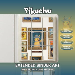 Puede incluir: Una carpeta blanca que contiene una colección de cartas coleccionables con un personaje Pikachu que lleva un sombrero de fieltro gris. Las cartas están dispuestas en una cuadrícula dentro de fundas de plástico transparente con arte enmarcado.