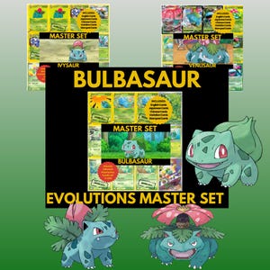 Può includere: Immagine promozionale per un Master Set di Pokémon Evolutions. L'immagine presenta più carte, tra cui Bulbasaur, Ivysaur e Venusaur, con la scritta "MASTER SET" e "EVOLUTIONS MASTER SET". Lo sfondo è verde.