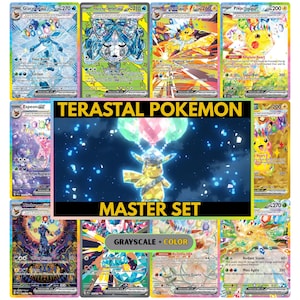 May include: A collection of Terastal Pokemon trading cards, featuring various characters in vibrant colors. The cards display character names, attack details, and the text "TERASTAL POKEMON MASTER SET". The cards have a gold border.
