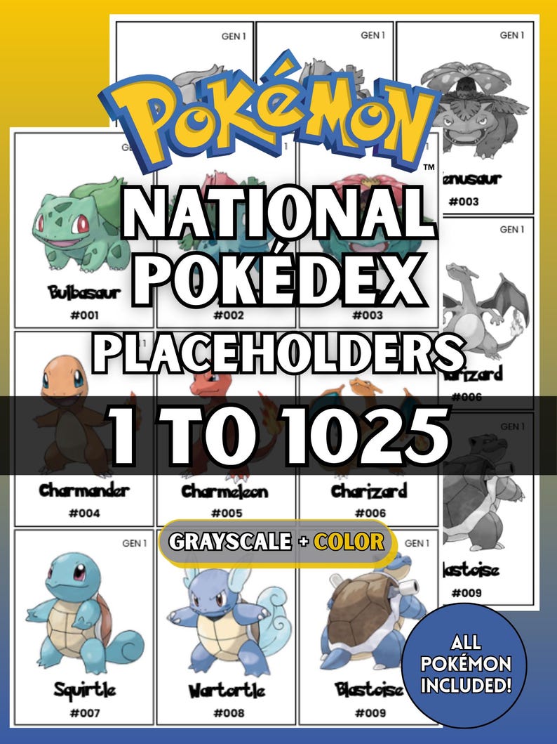 National Pokédex placeholders printable Pokémon binder pages showing card style inserts from #001 to #1025 designed to keep a Pokémon TCG binder complete and organized.