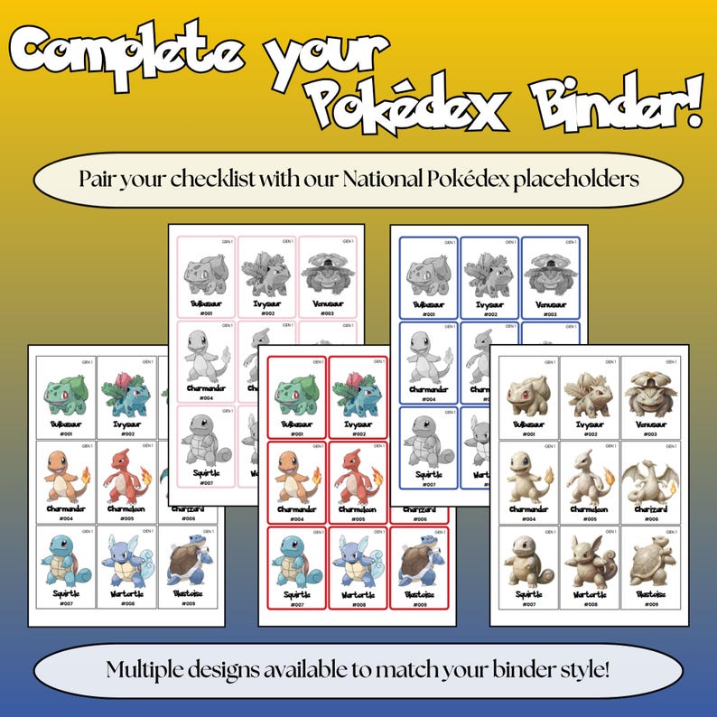 National Pokédex placeholder cards in multiple designs to match your Pokémon binder and checklist.