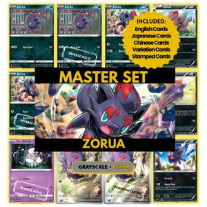 Puede incluir: Una colección de cartas coleccionables Pokémon Zorua. Las cartas presentan una criatura negra y roja con varios fondos y texto. El set incluye cartas en inglés, japonés, chino y variantes.