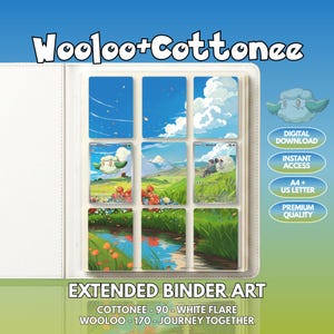 Puede incluir: Una carpeta blanca con nueve cartas coleccionables en cuadrícula, formando una ilustración de paisaje continua de Wooloo y Cottonee en un campo. El texto dice Wooloo+Cottonee, Extended Binder Art, Digital Download, Instant Access, A4 + US Letter, Premium Quality, Cottonee - 90 - White Flare y Wooloo - 170 - Journey Together.