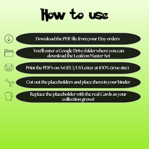 Leafeon cards digital download instructions explaining how to print, cut, and place placeholders in a Pokémon binder.