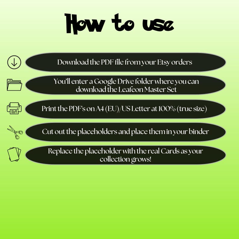 Leafeon cards digital download instructions explaining how to print, cut, and place placeholders in a Pokémon binder.