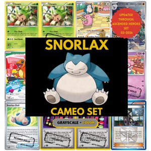 Snorlax Cameo binder pages set showing grayscale and color Pokémon cards, designed as a digital download to complete a collector’s binder.