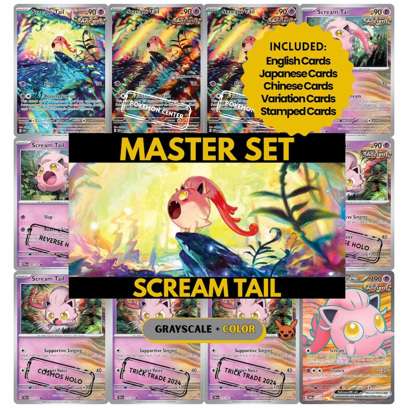 Scream Tail binder pages set showing grayscale and color Pokémon cards, designed as a digital download to complete a collector’s binder.