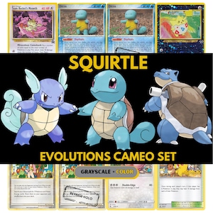 May include: A collection of Pokémon trading cards featuring Squirtle and its evolutions. The cards display various illustrations of the characters, with the text "SQUIRTLE" and "EVOLUTIONS CAMEO SET" prominently displayed.