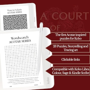 May include: A white Kobo e-reader with a stylus, featuring a word search puzzle and text from the ACOTAR series. The image highlights 23 puzzles, storytelling, and tracing art, with clickable links. Compatible with Kobo Libra Colour, Sage & Kindle Scribe.