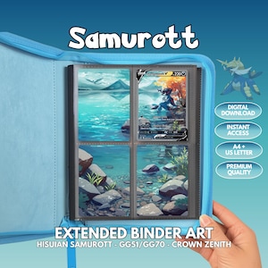 May include: A light blue zippered binder containing four trading card inserts featuring extended artwork of the character Samurott. The text reads Samurott, Digital Download, Instant Access, A4 + US Letter, Premium Quality, and Extended Binder Art.