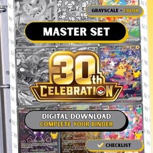 Puede incluir: Una lista de verificación de descarga digital para un conjunto maestro de cartas coleccionables 30th Celebration. La página presenta una cuadrícula de imágenes de cartas en escala de grises y color, con el texto "MASTER SET" y "30th CELEBRATION".