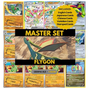 Puede incluir: Una colección de cartas coleccionables Pokémon Flygon. Las cartas presentan una combinación de colores verde y beige con varias ilustraciones del personaje Flygon. El conjunto incluye cartas en inglés, japonés y chino, así como cartas de variación y estampadas. Se muestra el texto "MASTER SET" y "FLYGON".