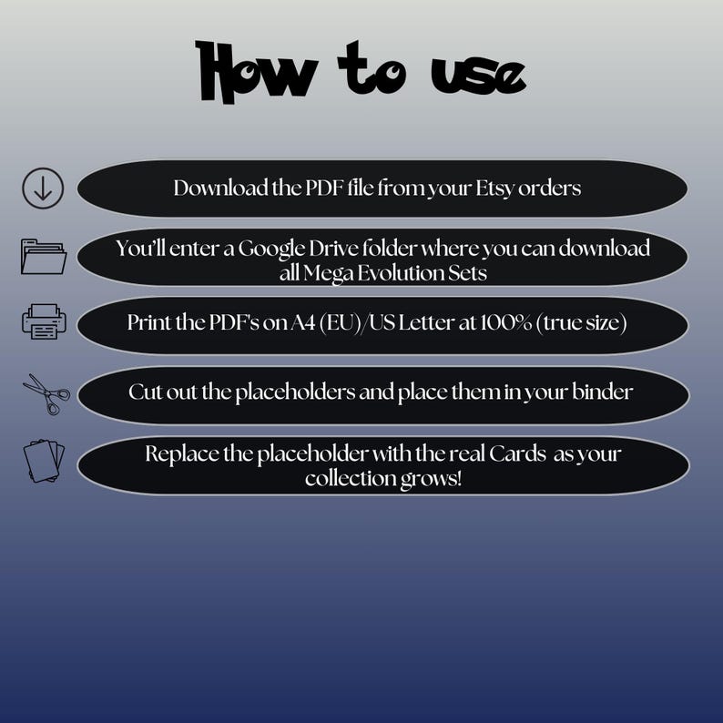 Phantasmal Flames digital download instructions explaining how to print, cut, and place placeholders in a Pokémon binder.