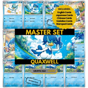 Peut inclure: Une collection de cartes à collectionner Quaxwell présentant diverses illustrations, langues et finitions. L'ensemble comprend des cartes anglaises, japonaises et chinoises, ainsi que des variantes et des versions estampillées. Texte : MASTER SET, QUAXWELL, GRAYSCALE + COLOR.