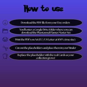 Phantasmal Flames digital download instructions explaining how to print, cut, and place placeholders in a Pokémon binder.