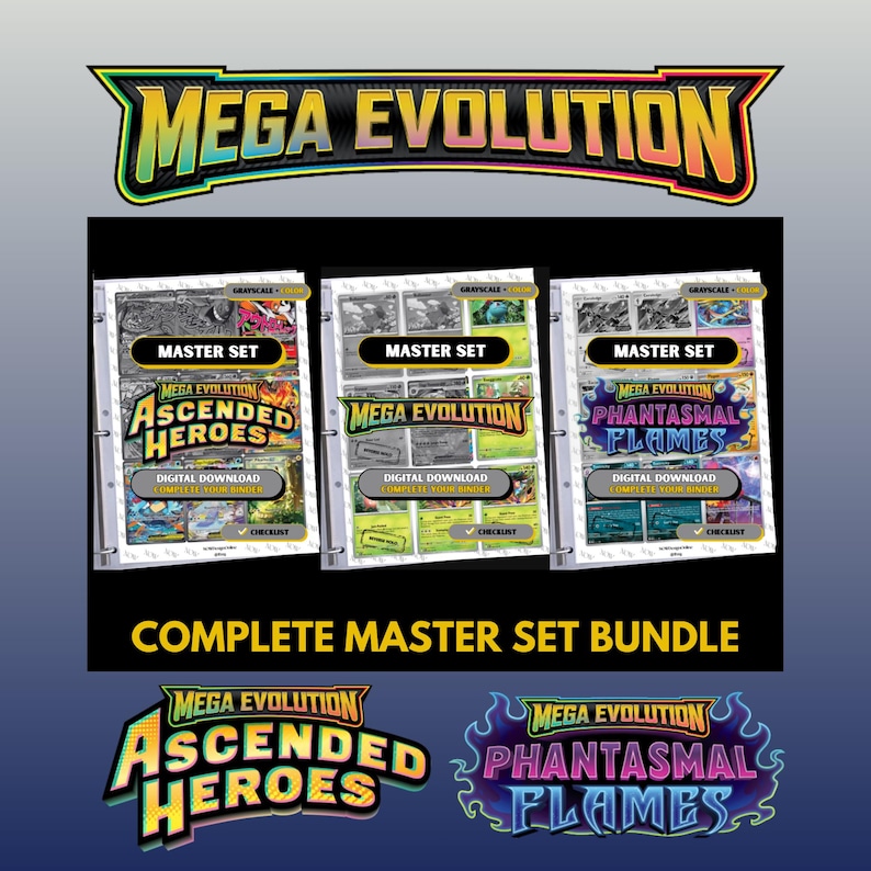 Complete Mega Evolution master set Bundle binder page showing grayscale and color Pokémon cards, designed as a digital download with checklist to complete a collector’s binder.