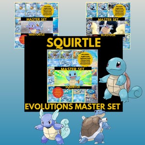 May include: A collection of Pokémon trading cards featuring Squirtle, Wartortle, and Blastoise. The image includes the text "MASTER SET" and "EVOLUTIONS MASTER SET". The cards are blue and feature various Pokémon characters.