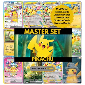 May include: A selection of Pikachu trading cards, including English, Japanese, and Chinese versions. The cards showcase different Pikachu designs, with the text "MASTER SET" and "PIKACHU". Some cards have a grayscale and colour theme.