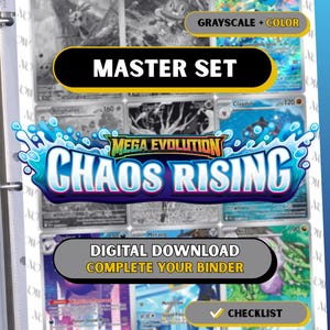 Puede incluir: Una página de carpeta con cartas coleccionables con el texto "MASTER SET" y "CHAOS RISING". Las cartas muestran imágenes en escala de grises y en color, con el texto "GRAYSCALE + COLOR" y "DIGITAL DOWNLOAD COMPLETE YOUR BINDER". También es visible una lista de verificación.