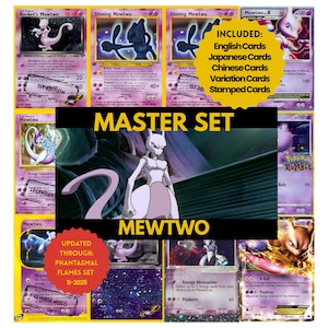 May include: A collection of Mewtwo Pokémon trading cards, including English, Japanese, and Chinese versions. The cards feature various Mewtwo illustrations and card types, with text that reads "MASTER SET" and "MEWTWO".