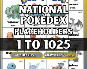 Tarjetas de marcador de posición de la Pokédex Nacional 1-1025, páginas completas para carpeta, lista de verificación (descarga digital)