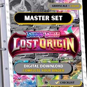 Könnte beinhalten: Eine Ordnerseite mit einer Sammlung von Pokémon-Karten. Die Karten sind in Reihen und Spalten angeordnet und weisen verschiedene Designs und Farben auf. Der Text enthält "MASTER SET", "SWORD & SHIELD LOST ORIGIN" und "DIGITAL DOWNLOAD COMPLETE YOUR BINDER".