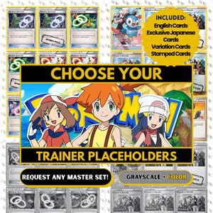 Può includere: Una collezione di carte collezionabili Pokémon, comprese le versioni inglese e giapponese, con una varietà di tipi di carte. L'immagine presenta il testo "CHOOSE YOUR TRAINER PLACEHOLDERS" e "REQUEST ANY MASTER SET!"