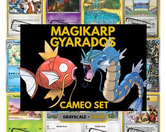 Può includere: Una collezione di carte collezionabili Pokémon. L'immagine centrale presenta Magikarp e Gyarados con il testo "MAGIKARP GYARADOS CAMEO SET." Altre carte includono "Fisherman", "Mew", "Brooklet Hill" e carte "Reverse Holo". Il set include variazioni in scala di grigi e a colori.