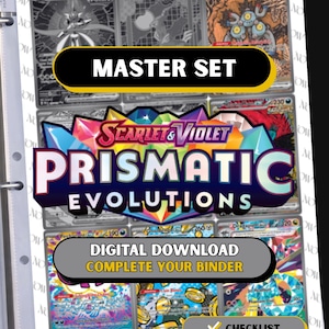 Puede incluir: Una página de carpeta llena de cartas coleccionables, con el texto "MASTER SET" y "PRISMATIC EVOLUTIONS". Las cartas están en escala de grises y color, con el texto "DIGITAL DOWNLOAD COMPLETE YOUR BINDER" y un icono de lista de verificación.