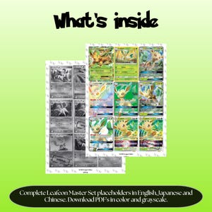 Leafeon binder pages set overview showing the included Pokémon cards to print and cut for your binder sleeves.