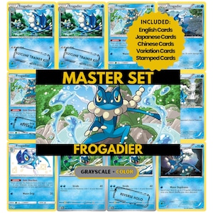 May include: A collection of Frogadier trading cards featuring various illustrations of the blue frog-like creature. The display includes text stating MASTER SET, FROGADIER, and INCLUDED: English Cards, Japanese Cards, Chinese Cards, Variation Cards, Stamped Cards.