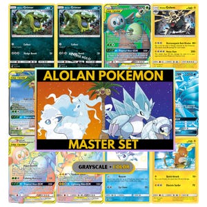 May include: A collection of Alolan Pokémon trading cards. The cards feature various Pokémon characters in vibrant colors, with text that reads "Alolan Pokémon Master Set" and "Grayscale + Color".