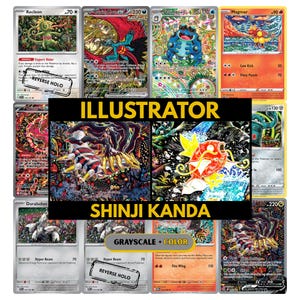 May include: A collection of Pokémon trading cards featuring various characters and artwork. The cards showcase vibrant colors and detailed illustrations, with text that reads "ILLUSTRATOR" and "SHINJI KANDA". Some cards have a "REVERSE HOLO" stamp.