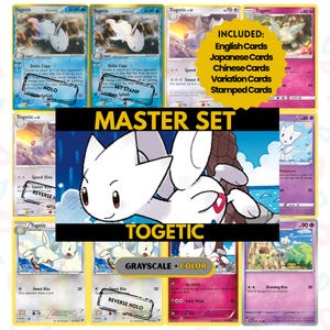 May include: A collection of Togetic Pokémon trading cards, including English, Japanese, and Chinese versions. The cards feature various designs and include stamped and variation cards. The image also includes the text "MASTER SET" and "TOGETIC".