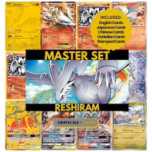 May include: A collection of Reshiram trading cards featuring various artistic styles, including gold, grayscale, and full-color illustrations. The image includes text overlays stating MASTER SET, RESHIRAM, GRAYSCALE + COLOR, and a list of included card types.