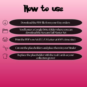 Scream Tail cards digital download instructions explaining how to print, cut, and place placeholders in a Pokémon binder.
