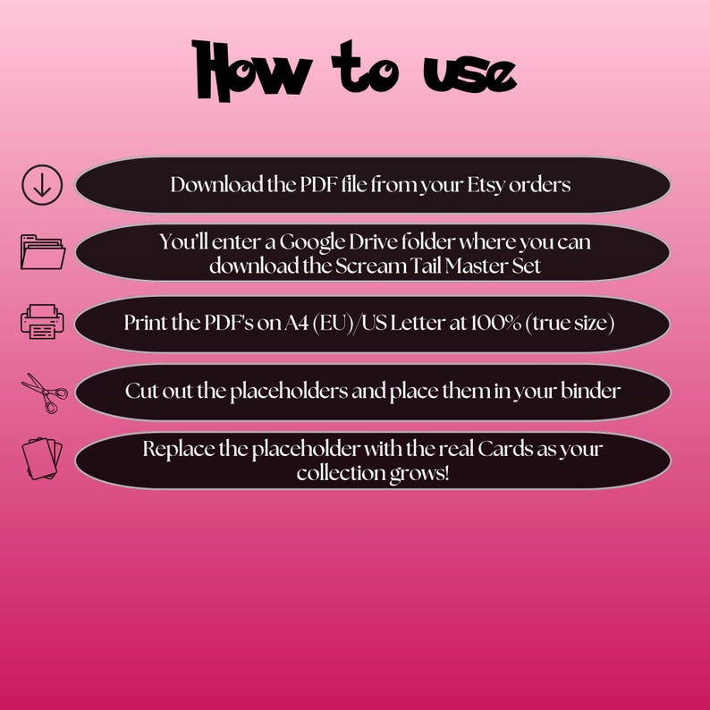 Scream Tail cards digital download instructions explaining how to print, cut, and place placeholders in a Pokémon binder.