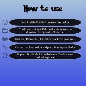 Gyarados cards digital download instructions explaining how to print, cut, and place placeholders in a Pokémon binder.