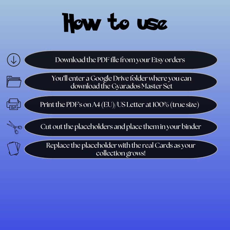 Gyarados cards digital download instructions explaining how to print, cut, and place placeholders in a Pokémon binder.