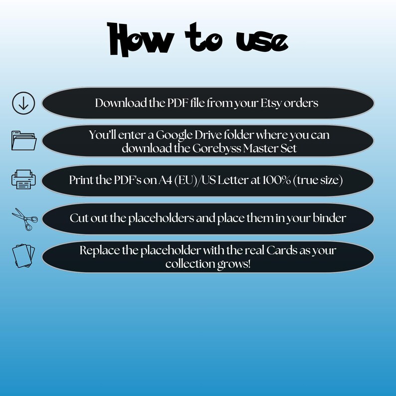 Gorebyss cards digital download instructions explaining how to print, cut, and place placeholders in a Pokémon binder.