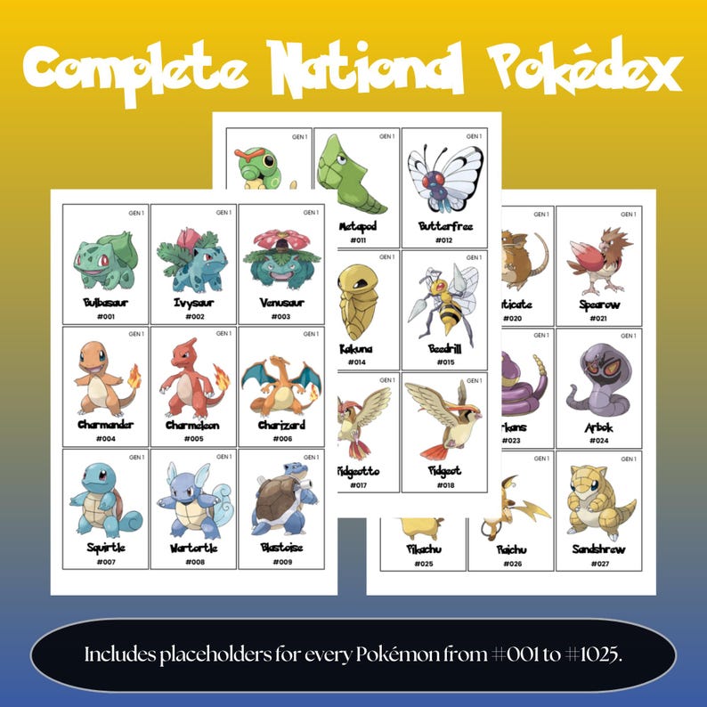 Complete national pokedex placeholders preview showing Pokémon binder inserts from Bulbasaur #001 to Pecharunt #1025 arranged in Pokédex order