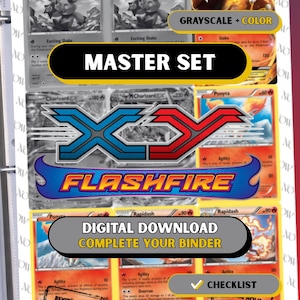 Pode incluir: Uma página de fichário com cartas colecionáveis Pokémon. As cartas incluem versões em escala de cinza e coloridas, com o texto "MASTER SET", "XY FLASHFIRE" e "DOWNLOAD DIGITAL COMPLETE SEU FICHÁRIO". Uma lista de verificação também é visível.
