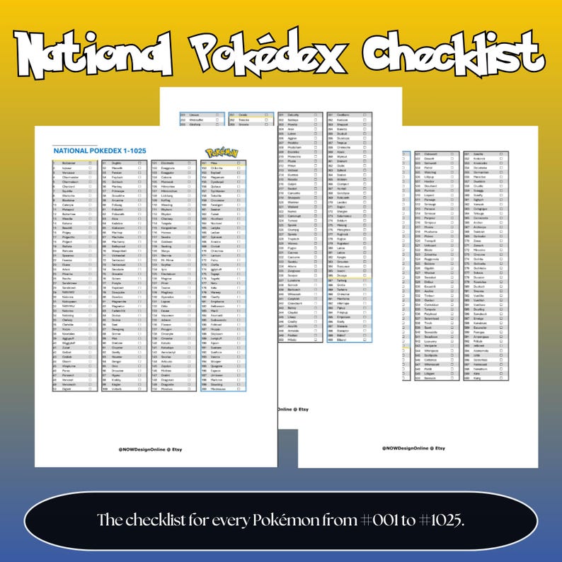 National Pokédex checklist printable PDF with all Pokémon from #001 to #1025 for binder organization.
