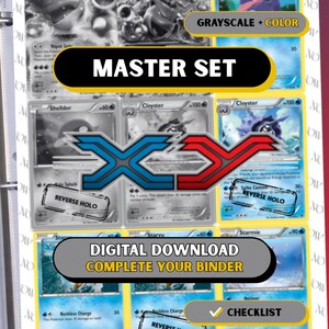 May include: A collection of Pokémon trading cards, including Blastoise EX, Shellder, and Cloyster, displayed in a binder. The cards feature grayscale and color variations, with text reading "MASTER SET" and "DIGITAL DOWNLOAD COMPLETE YOUR BINDER."