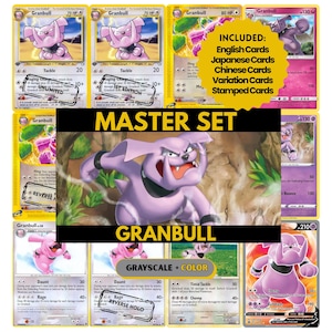 May include: A collection of Granbull Pokémon trading cards. The cards feature a pink and purple bulldog-like creature. The set includes English, Japanese, Chinese, and variation cards, plus stamped cards. The text "MASTER SET" and "GRANBULL" are visible.