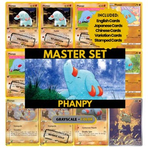 Può includere: Una collezione di carte collezionabili Pokémon Phanpy, tra cui versioni inglese, giapponese e cinese. Le carte raffigurano una creatura blu a forma di elefante con dettagli rossi. Alcune carte sono etichettate "1ST EDITION" e "UNLIMITED". Il set include variazioni in scala di grigi e a colori.