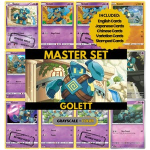 May include: A selection of Golett Pokémon trading cards, with a variety of designs and text. The cards are mainly purple, blue, and yellow, with the text "MASTER SET" and "GOLETT" clearly visible. The image also includes text indicating the set includes English, Japanese, and Chinese cards.