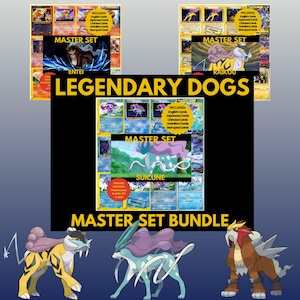 Può includere: Un pacchetto di set di carte collezionabili "Legendary Dogs". L'immagine presenta tre display "Master Set", ognuno con diversi Pokémon: Entei, Raikou e Suicune. I set includono carte in inglese, giapponese, cinese e di variazione.