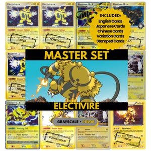 Peut inclure: Une collection de cartes à collectionner Electivire comprenant diverses versions comme Holo, Reverse Holo et des cartes tamponnées. L'ensemble inclut des cartes anglaises, japonaises et chinoises avec le texte Master Set Electivire Grayscale + Color.