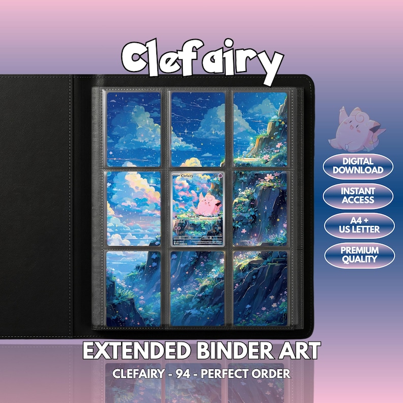 Extended binder art cover featuring Clefairy Card in a 3×3 binder layout, with framed artwork accents and digital download labels.